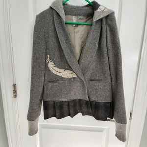 Upcycled hooded wool jacket, Grey. Size Med